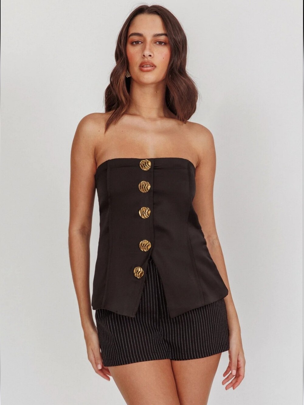 Commense Strapless Black Peplum Top with Gold Buttons Medium